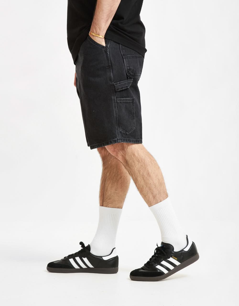 C WIP Single Knee Shorts - Black (Stone Washed)