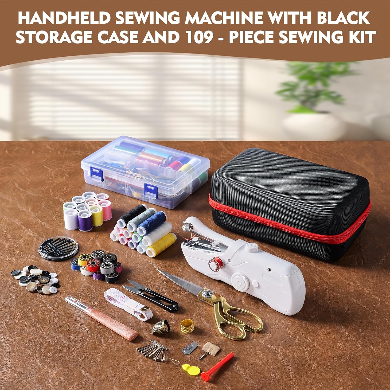 Handheld Sewing Machine with Black Storage Case and 109-Piece Sewing Kit