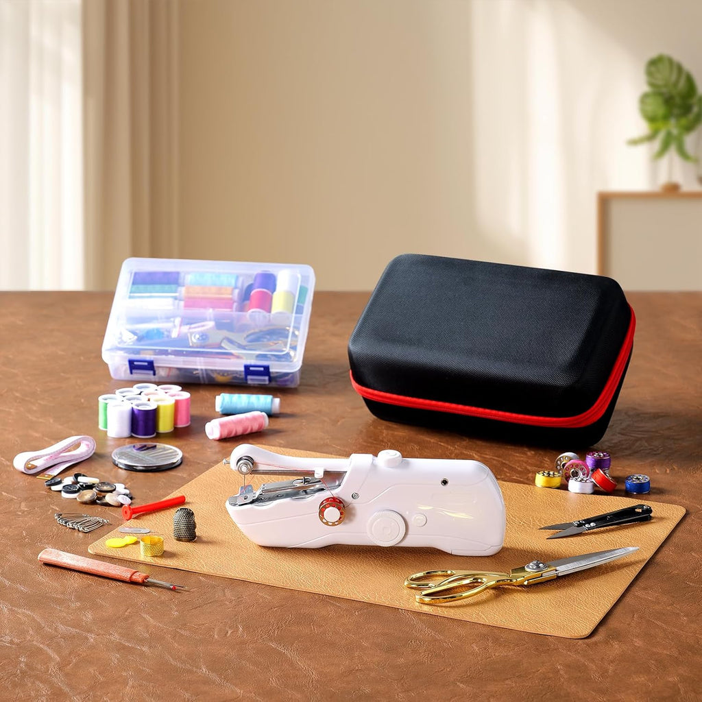 Handheld Sewing Machine with Black Storage Case and 109-Piece Sewing Kit