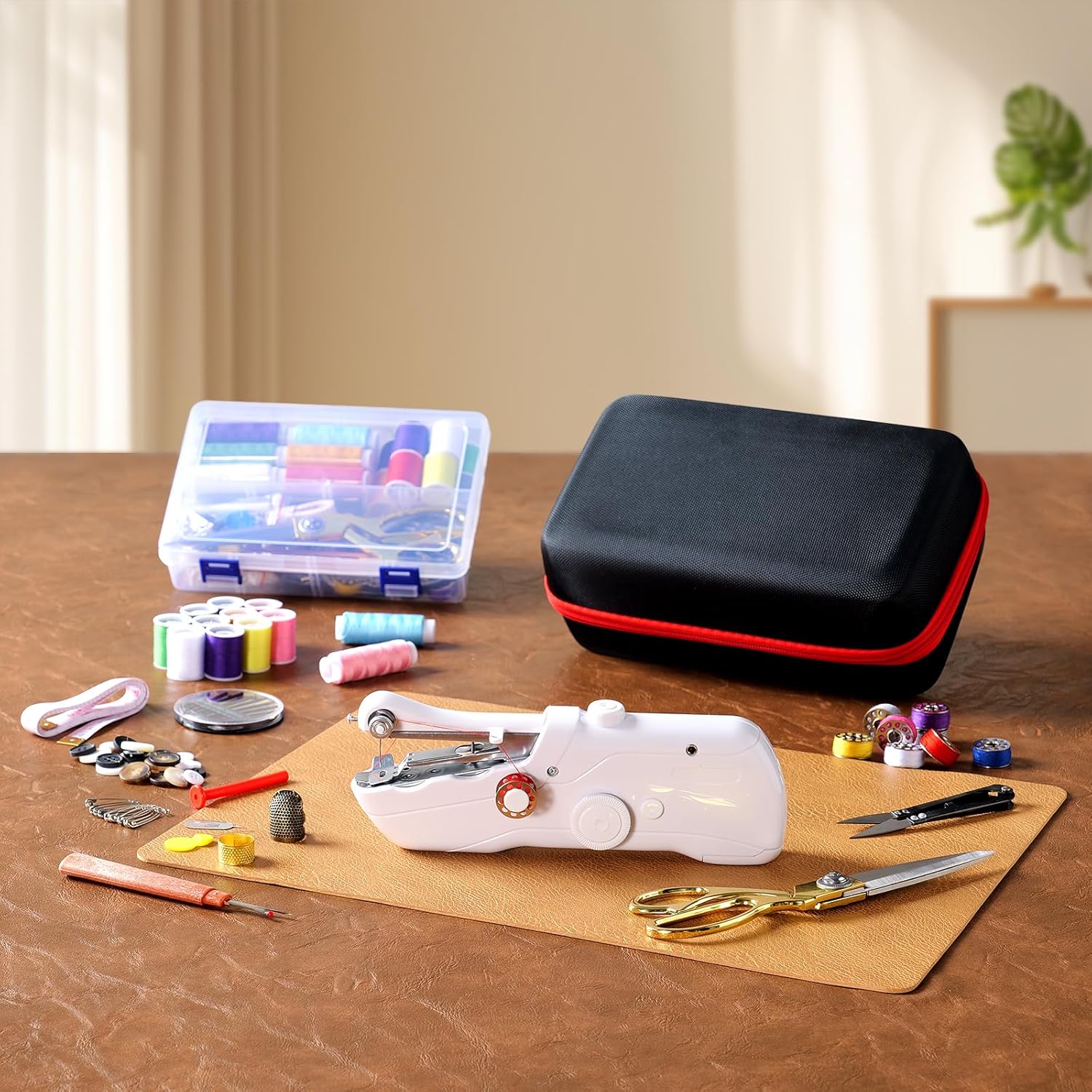 Handheld Sewing Machine with Black Storage Case and 109-Piece Sewing Kit