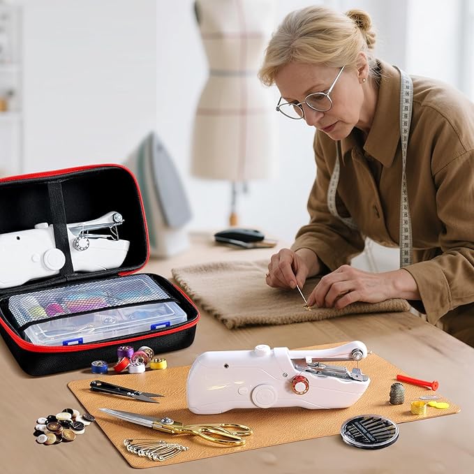 Handheld Sewing Machine with Black Storage Case and 109-Piece Sewing Kit