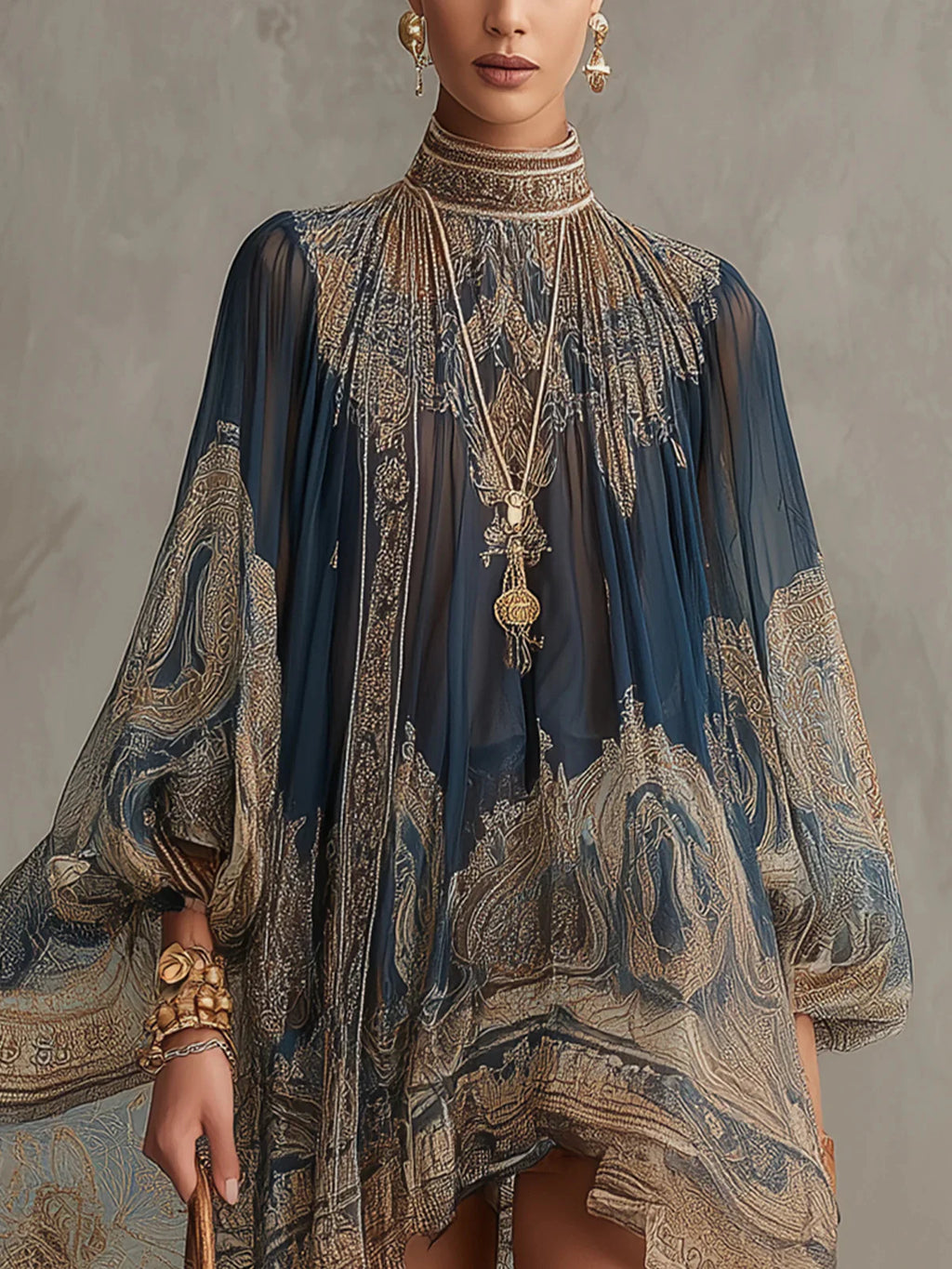 NAVY BLUE BAROQUE PRINT HIGH-NECK IRREGULAR CHIFFON MINI DRESS