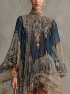 NAVY BLUE BAROQUE PRINT HIGH-NECK IRREGULAR CHIFFON MINI DRESS