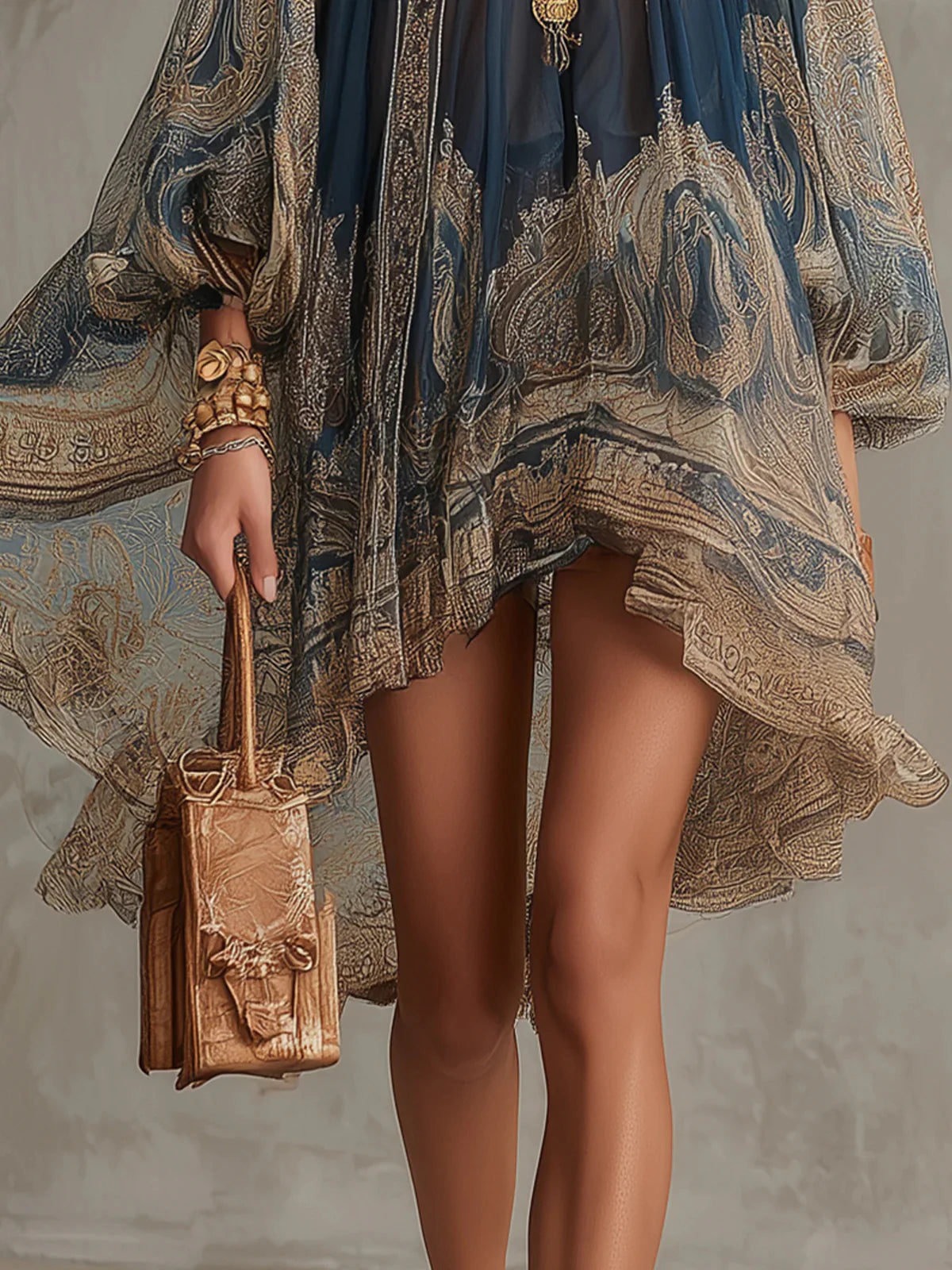 NAVY BLUE BAROQUE PRINT HIGH-NECK IRREGULAR CHIFFON MINI DRESS