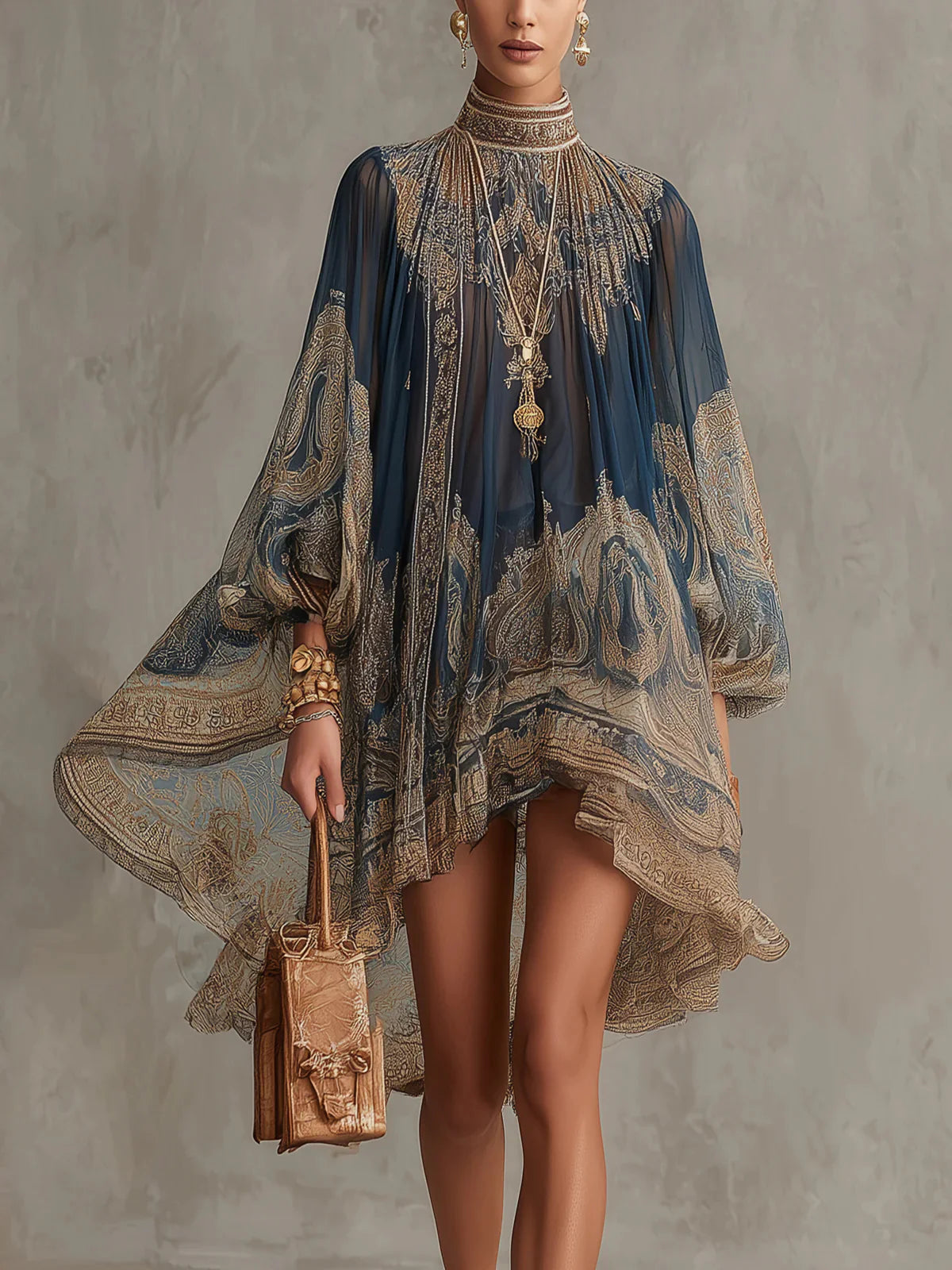 NAVY BLUE BAROQUE PRINT HIGH-NECK IRREGULAR CHIFFON MINI DRESS