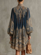 NAVY BLUE BAROQUE PRINT HIGH-NECK IRREGULAR CHIFFON MINI DRESS