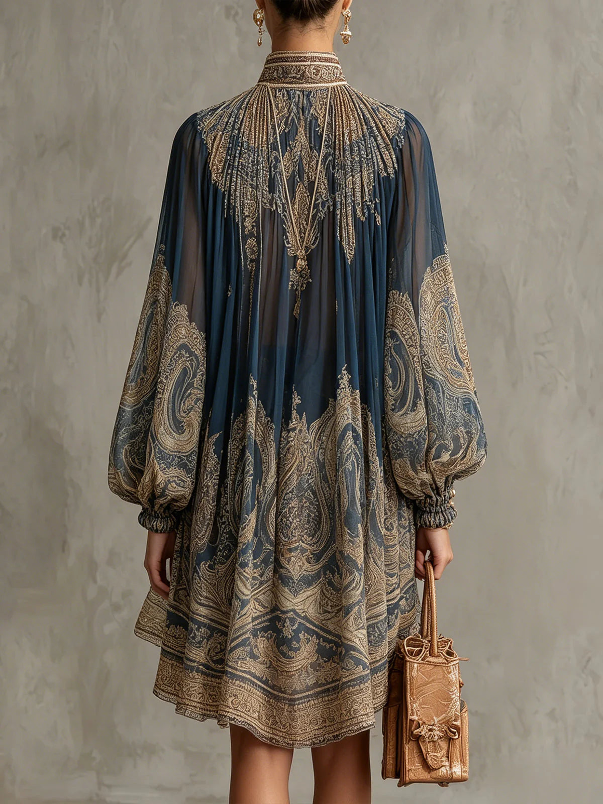 NAVY BLUE BAROQUE PRINT HIGH-NECK IRREGULAR CHIFFON MINI DRESS