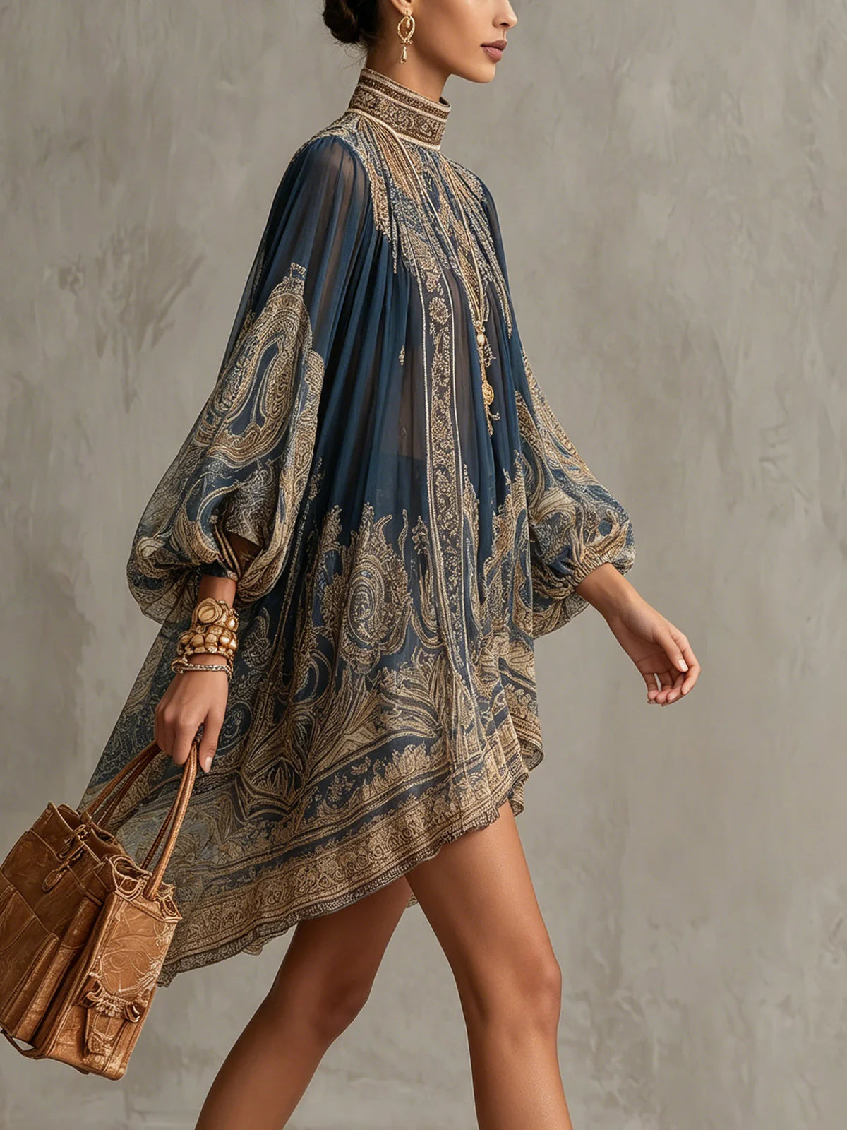 NAVY BLUE BAROQUE PRINT HIGH-NECK IRREGULAR CHIFFON MINI DRESS